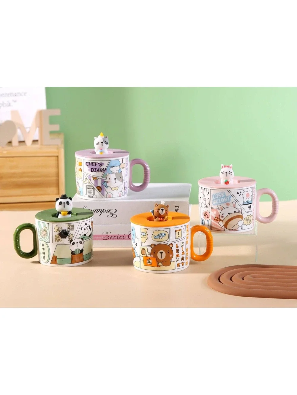 Comic Panda 14oz Mug With Lid and Spoon